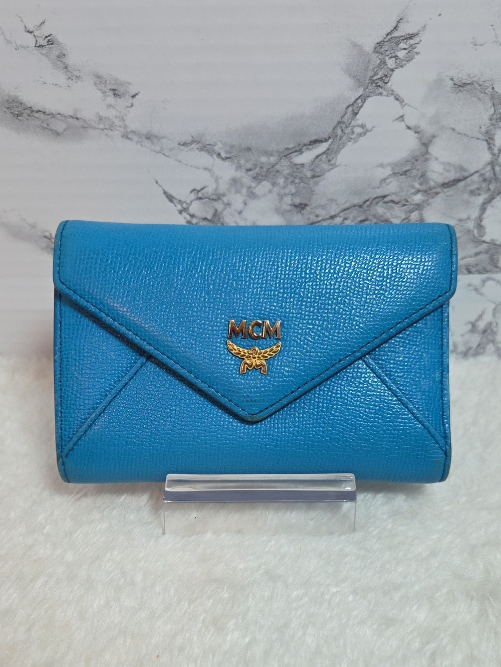 MCM Peacock Blue Envelope-Style Leather Wallet with Gold Logo